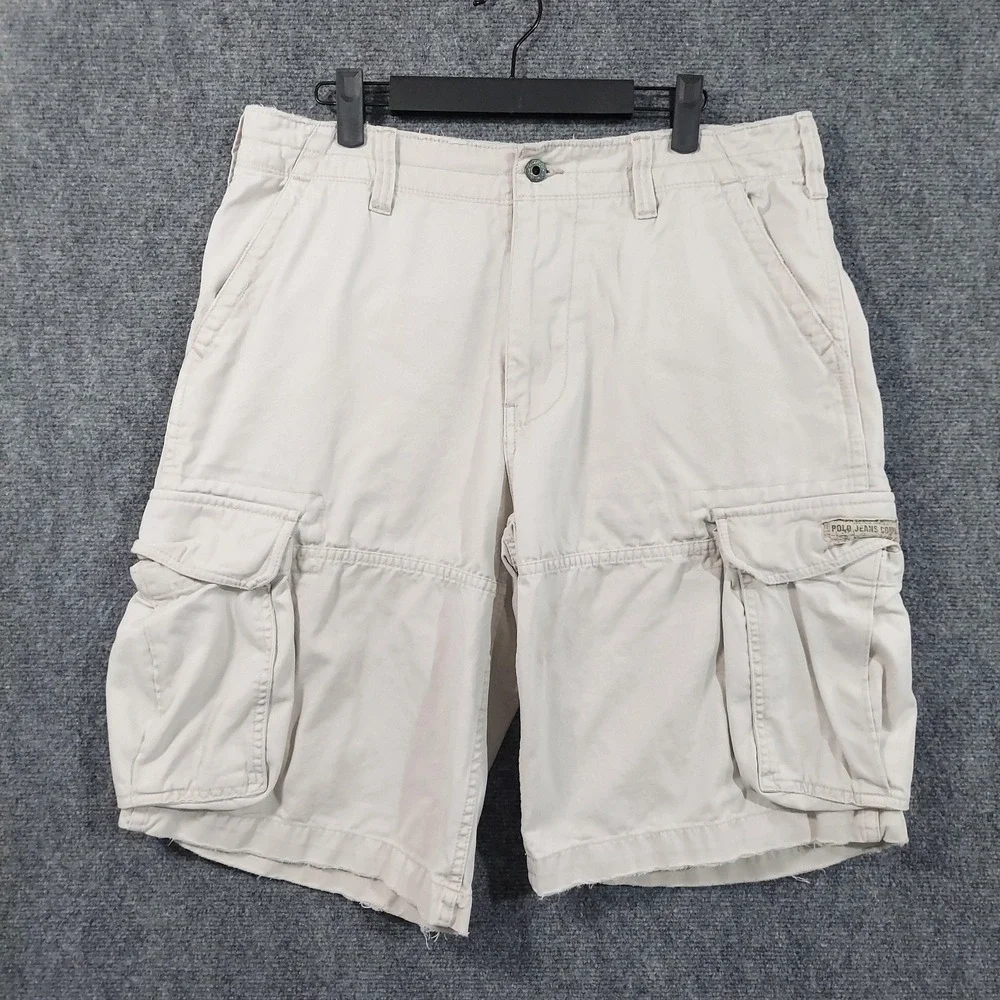 Vintage Polo Jeans Co. Ralph Lauren Cargo Shorts Mens 32 Beige Canvas Distressed